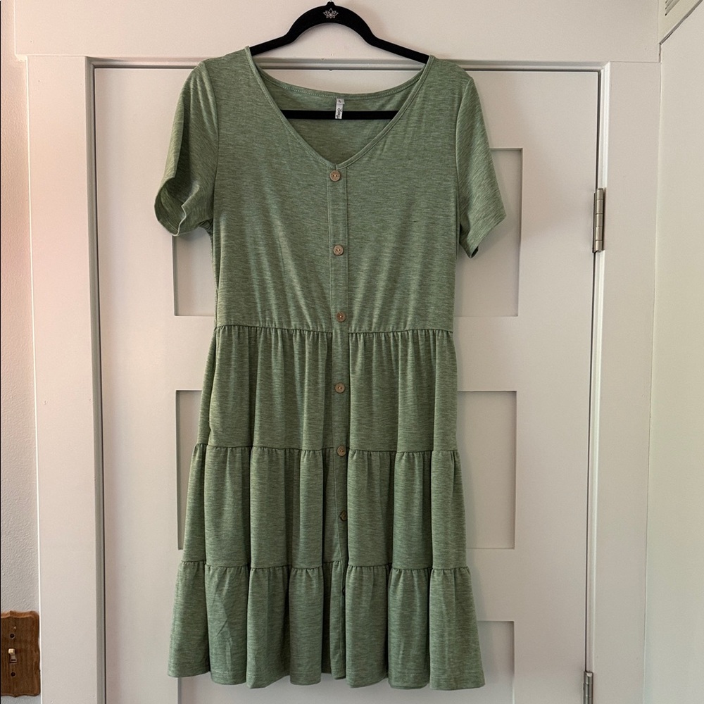 Sage Green Tiered Short-Sleeve Dress
